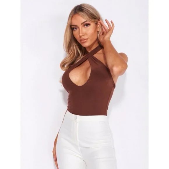 Brown Sleeveless Halter Neck Open Back Backless Bodycon Bodysuit Leotard Top - Picture 14 of 16